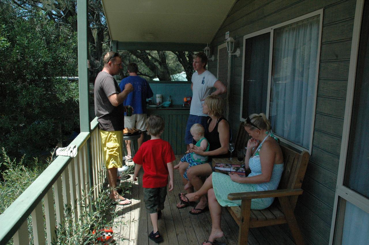 Crofts cabin at Bendalong: Craig, Cam, Keiran, Kell, Leanne, Cooper and Jake