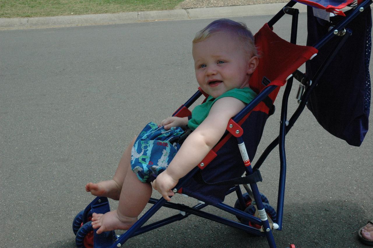 Cooper in his pram for Bendalong afternoon walk