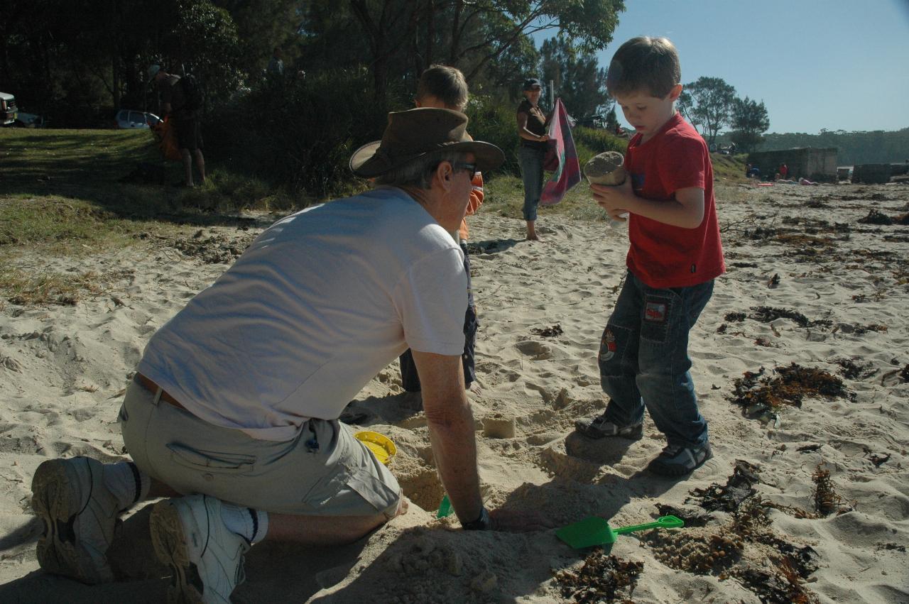 Boys playing in the sand at Boat Harbour Beach, Bendalong: Peter, Tynan and Jake