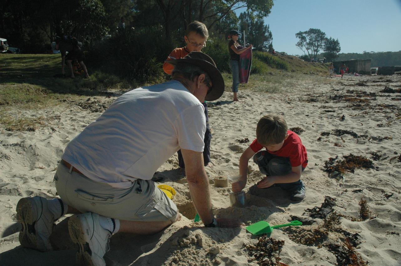 Boys playing in the sand at Boat Harbour Beach, Bendalong: Peter, Tynan and Jake