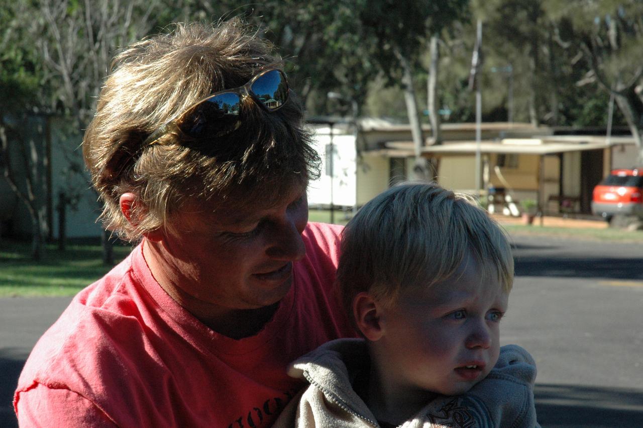 Cameron and a not so happy Flynn at Bendalong, Easter