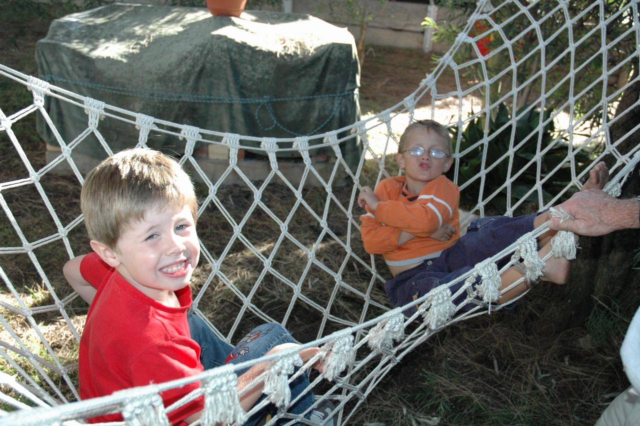 Jake and Tynan with Peter in the hammock at Bendalong over Easter