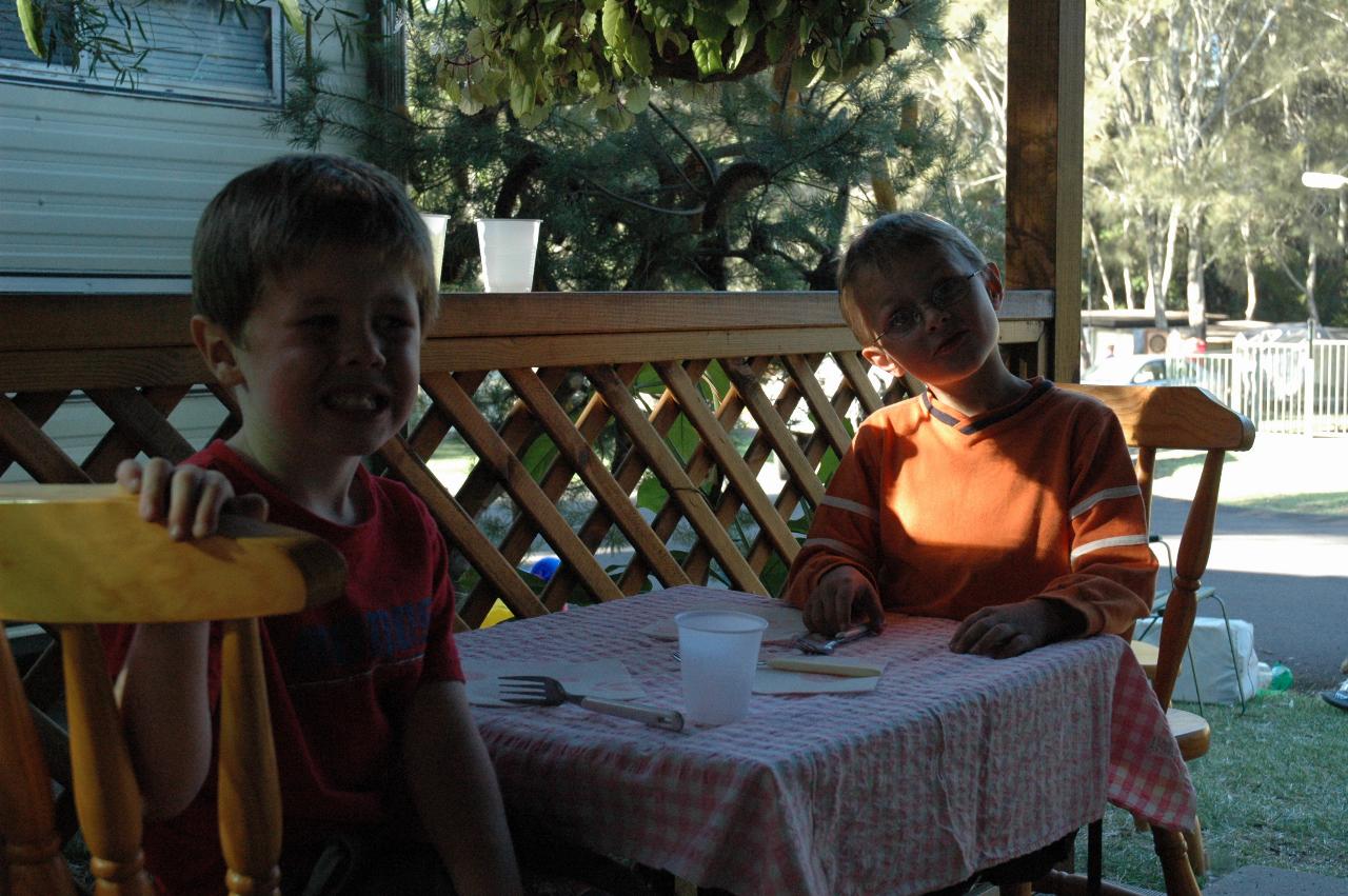 Jake and Tynan playing up for the camera at Bendalong, Easter