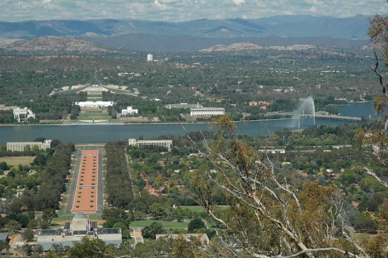 Another view of Lake Burley Griffin, War Memorial,  both Parliament Houses etc. from Mt. Ainslie