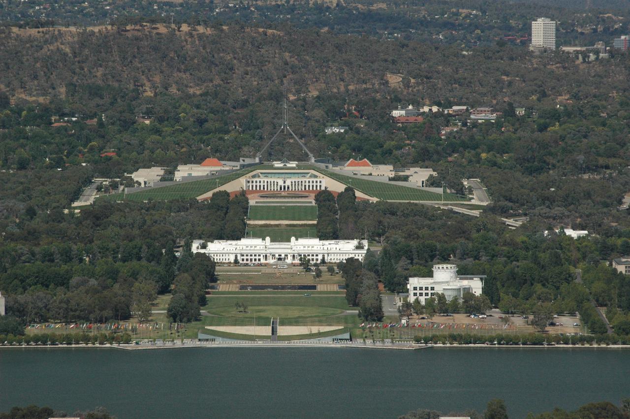 Old and New Parliament House, as seen from Mt. Ainslie