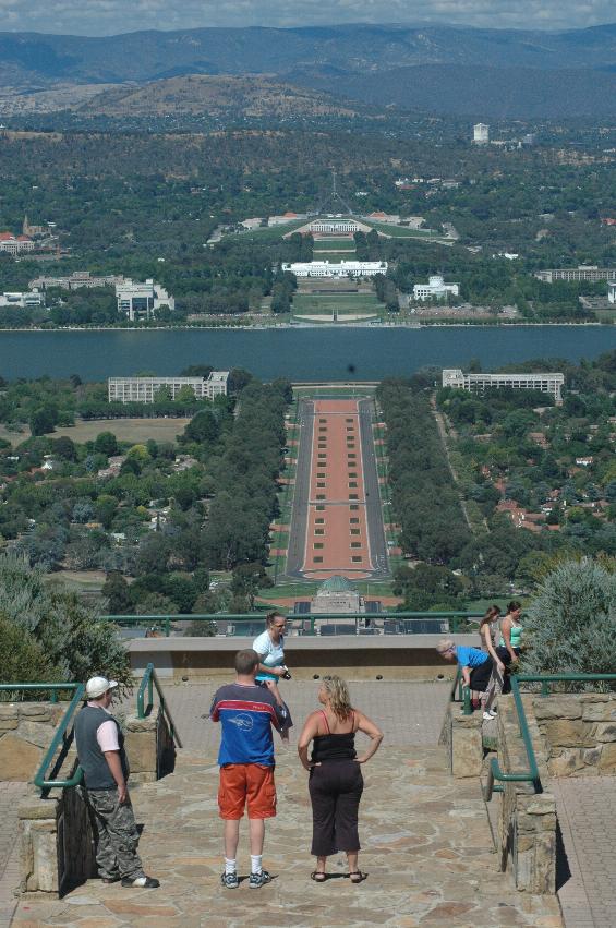 From Mt. Ainslie, showing lookout, War Memorial and both Houses of Parliament