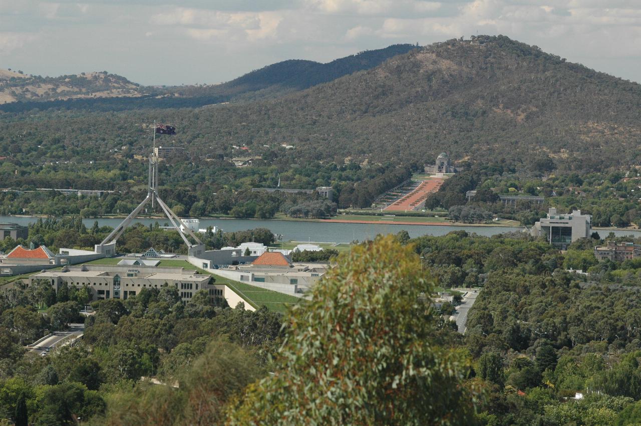 New Parliament House (and top of old), High Court, War Memorial and Mt. Ainslie from Red Hill