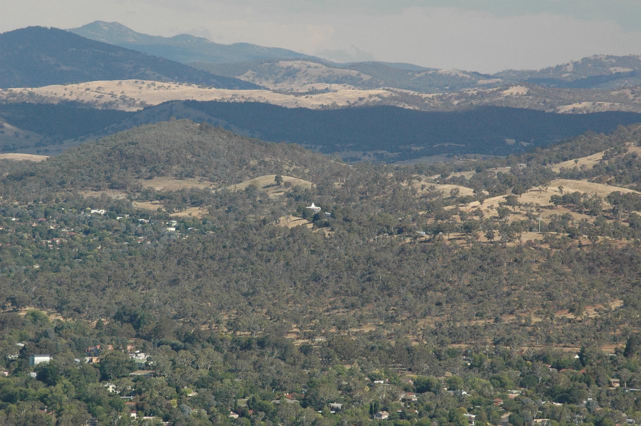 Red Hill from Telstra Tower; white building in centre (pyramid roof) is restaurant at top of mountain