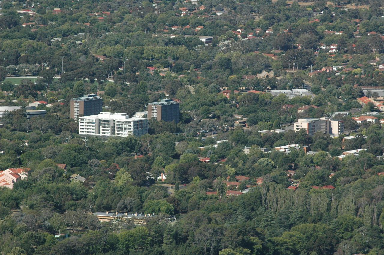 ANU's Fenner Hall and Hotel Rex from Telstra Tower