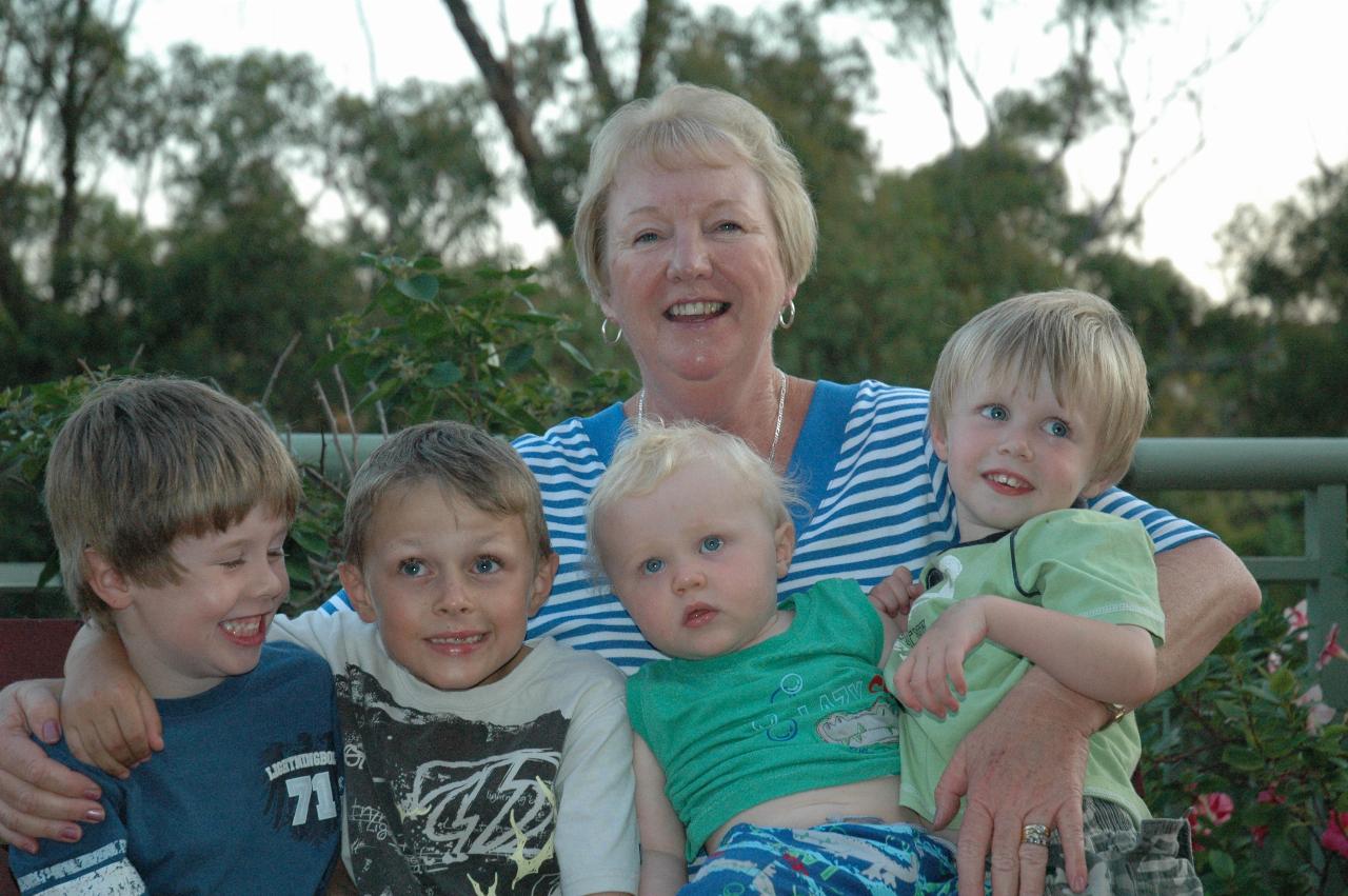 Yvonne with grandsons: Jake, Flynn, Cooper, Tynan at Illawong family dinner