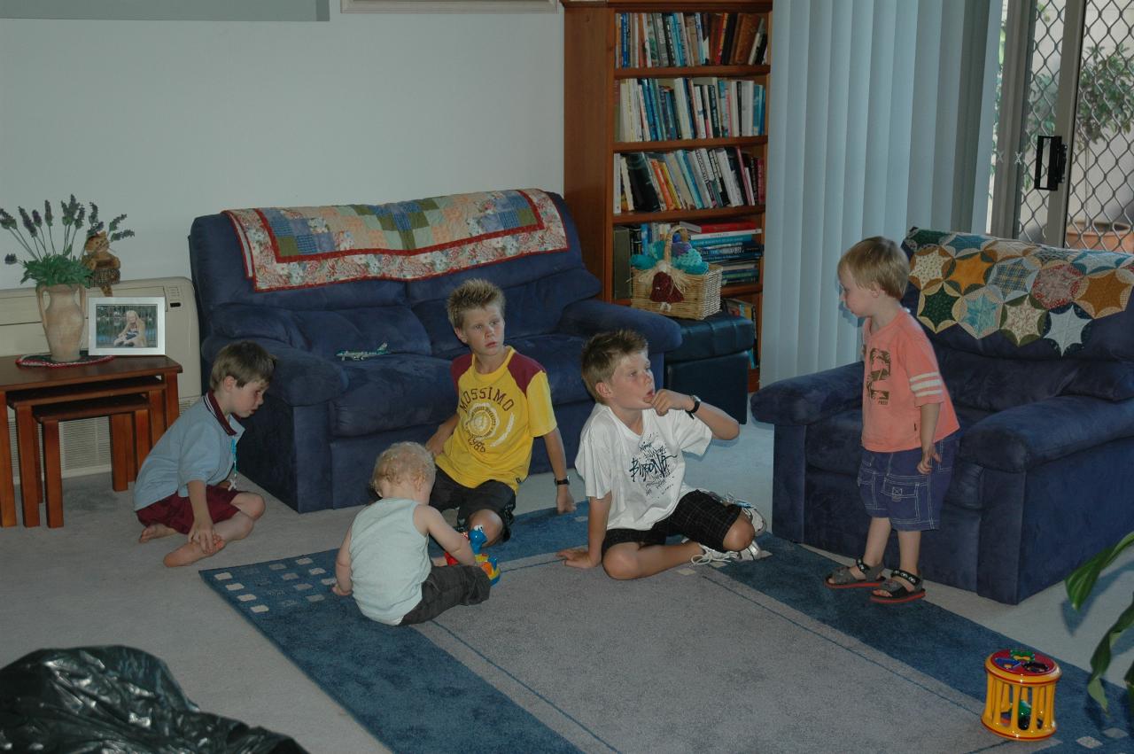 Cooper's First Birthday: The boys: Jake, Cooper, Mason, Nathan and Flynn in Illawong living room