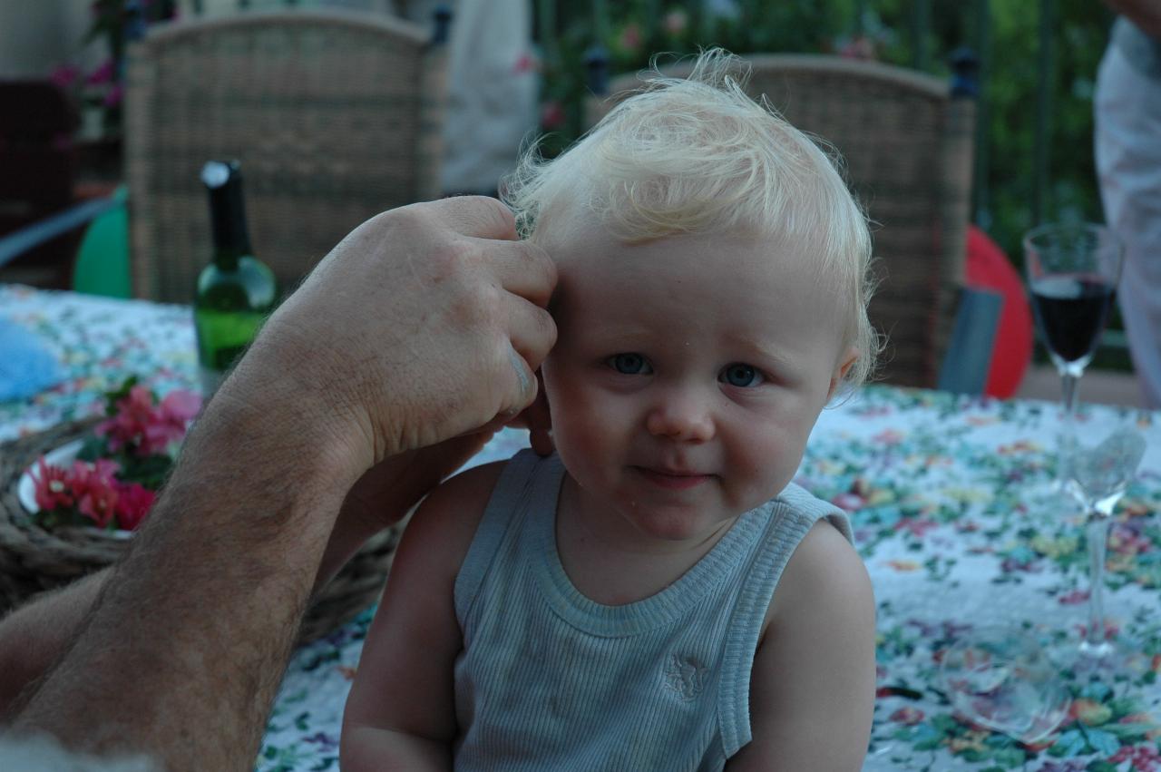 Cooper's First Birthday: Cooper getting a flower behind his ear