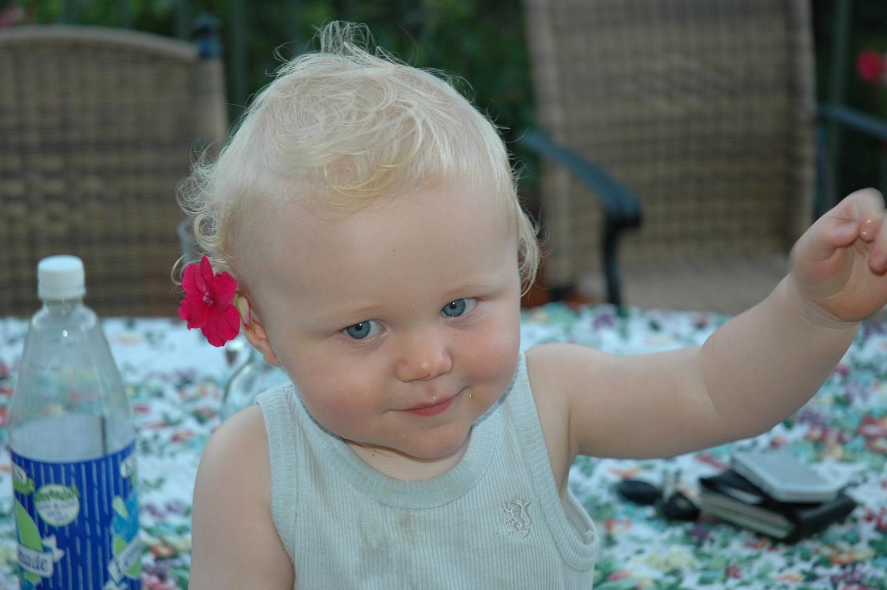 Cooper's First Birthday: Cooper with a flower behind his ear on outside table for dinner