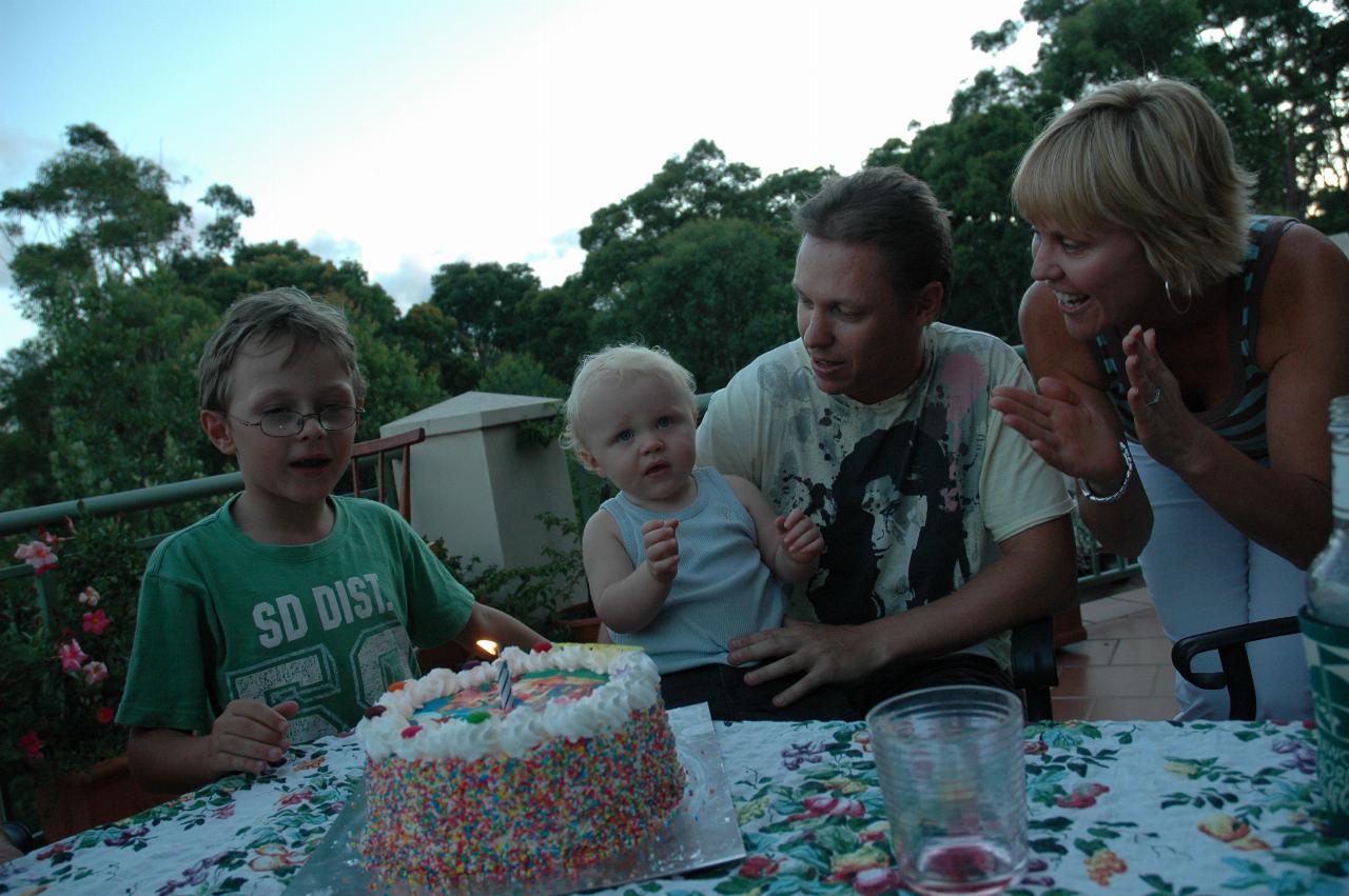 Cooper's First Birthday: Kelly, Glenn, Tynan and Cooper with Cooper's first birthday cake at Illawong