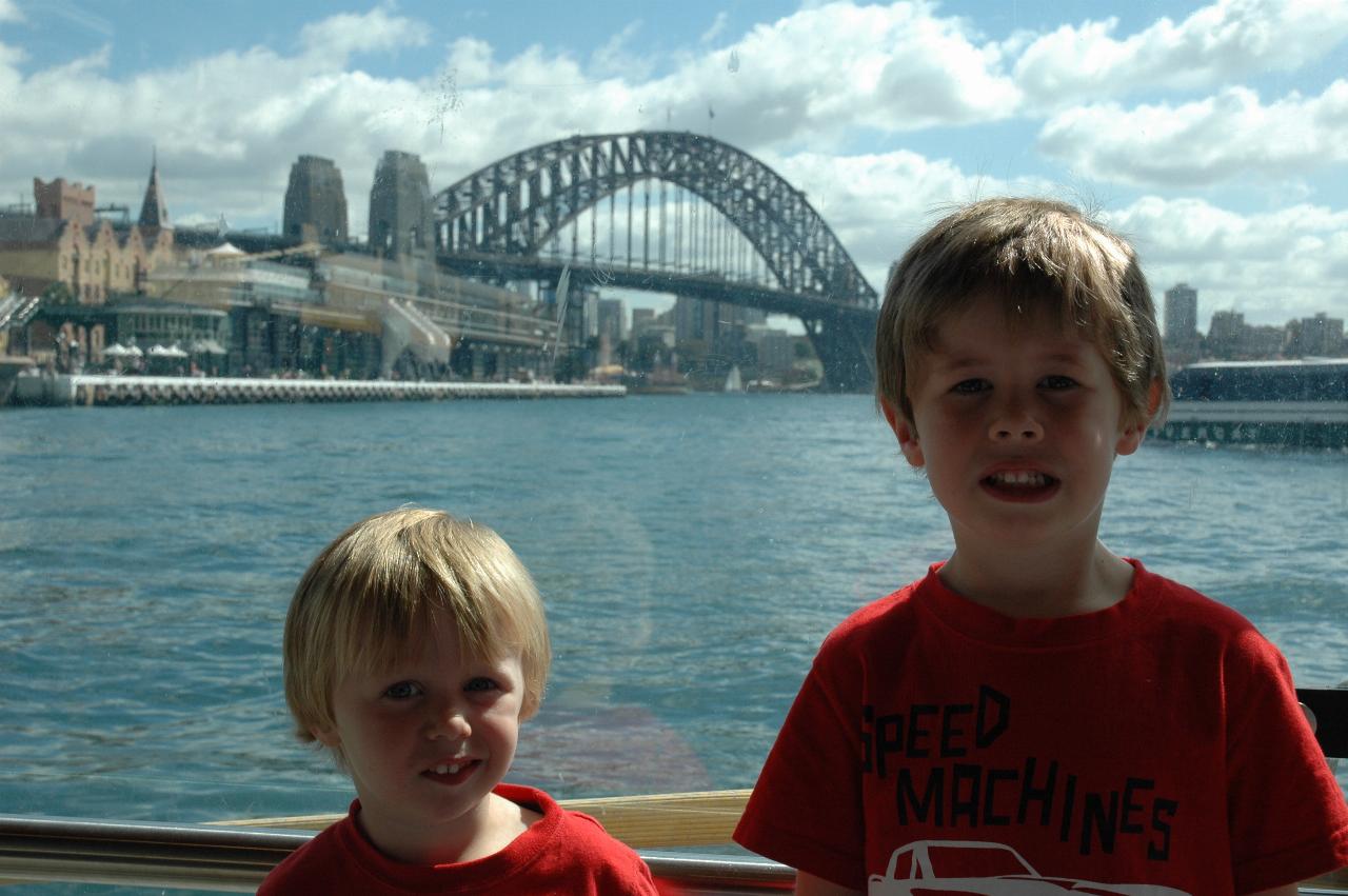 Luna Park Day: Flynn and Jake on the ferry wharf at Circular Quay