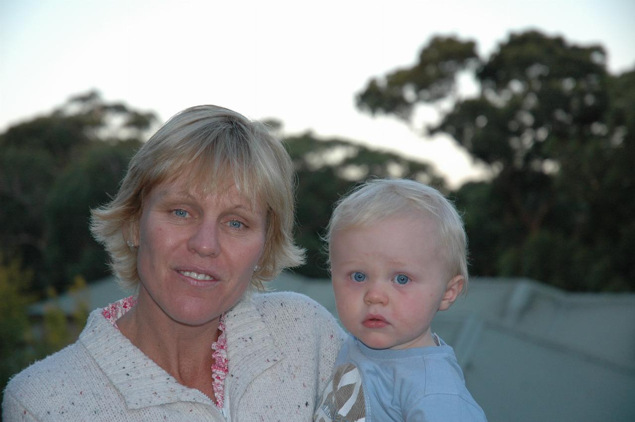 Peter's 66th Birthday: Kelly with Cooper under full moon on Illawong balcony