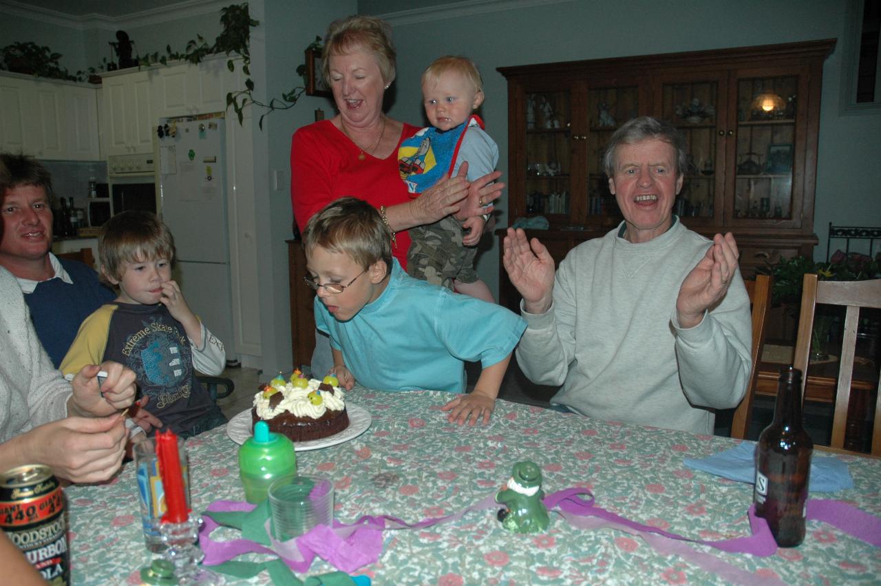 Peter's 66th Birthday: Cameron, Jake, Tynan (just blown out candles), Yvonne & Cooper with birhtday boy