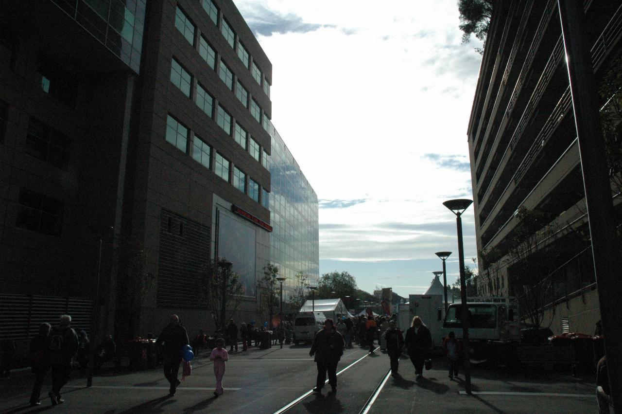 Back of ABC building with crowd