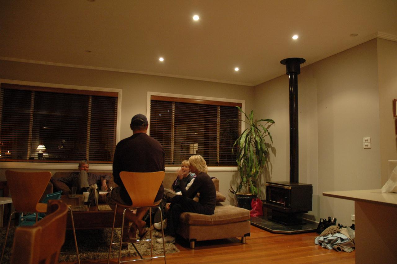 Glenn Wallace 39th birthday: Glenn & Kelly's new fireplace; Peter, Glenn (back to camera) Michelle and Nicole (Glenn's sister)