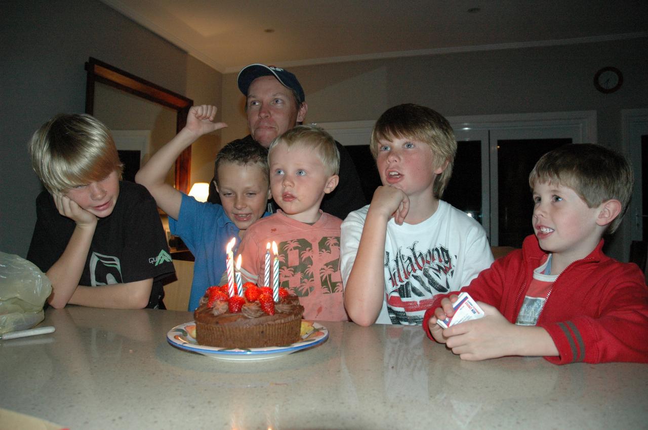 Glenn Wallace 39th birthday: Almost time to blow the candles out: Mason, Tynan, Cooper, Nate, and Jake; Glenn in back row