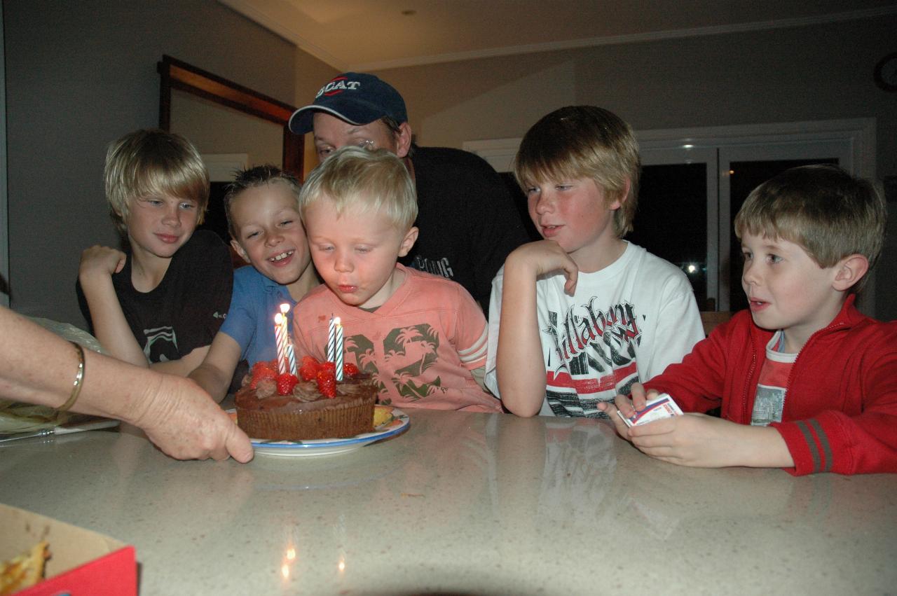 Glenn Wallace 39th birthday: Blowing out the candles: Mason, Tynan, Cooper, Nate, and Jake; Glenn in back row