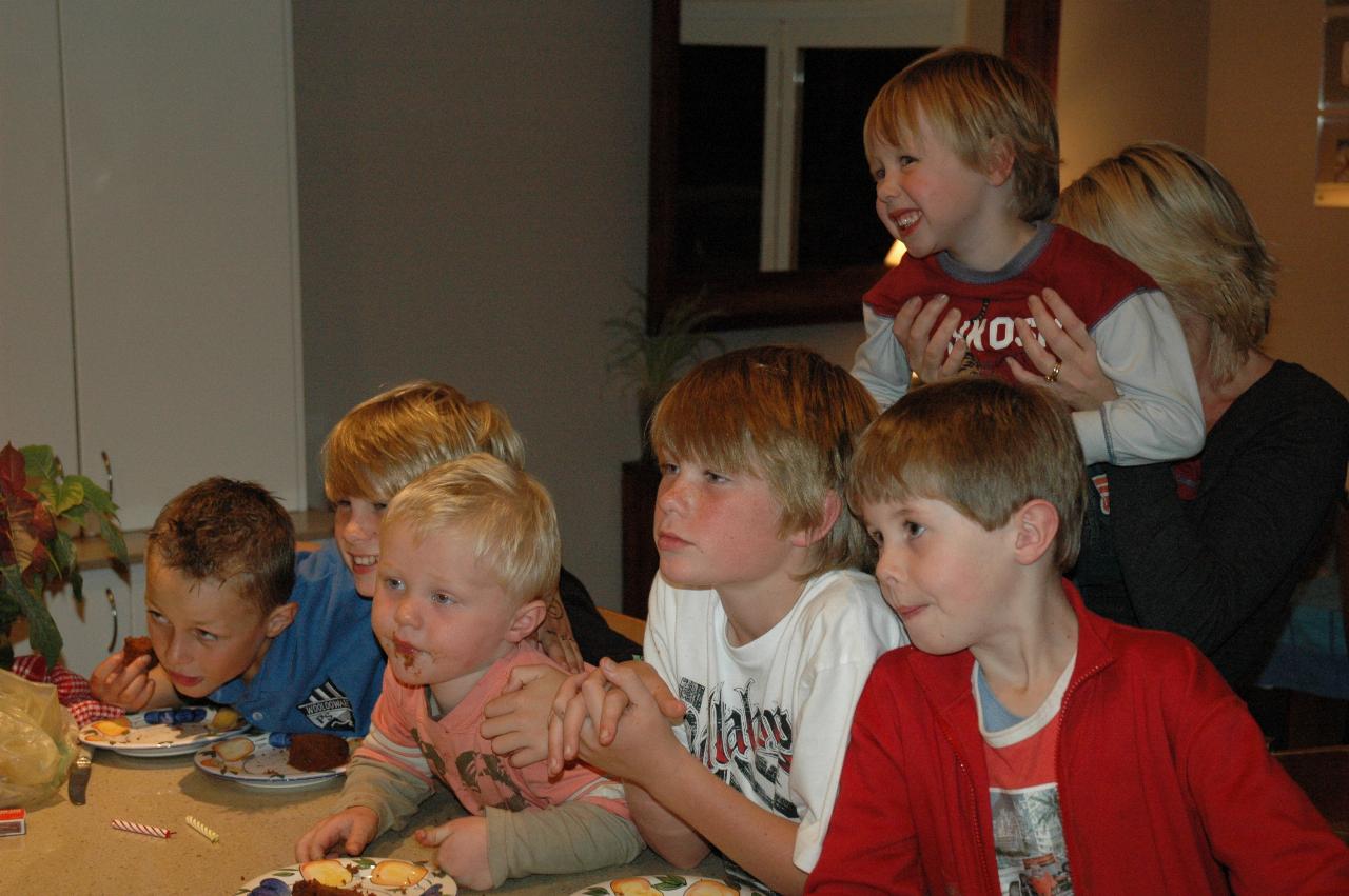 Glenn Wallace 39th birthday: Boys with birthday cake: Tynan, Mason, Cooper, Nate and Jake, with Nicole holding Flynn in the back row