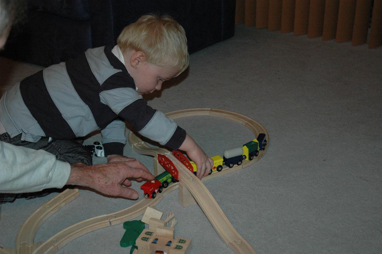 Jake Croft's 7th birthday: Peter helping Cooper play trains - just like his grand-uncle