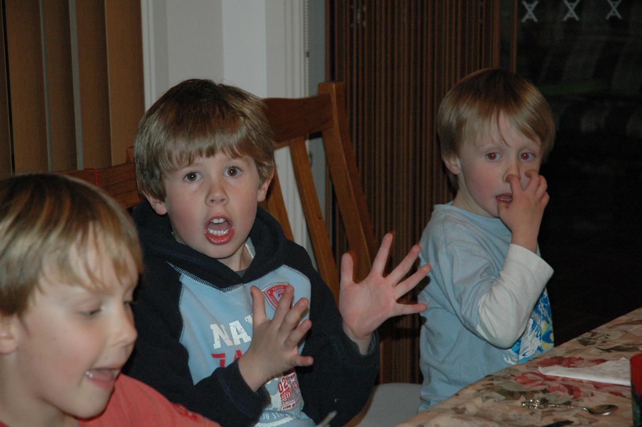 Jake Croft's 7th birthday: Excited Jake awaiting the cake; Riley on left, Flynn with finger up nose