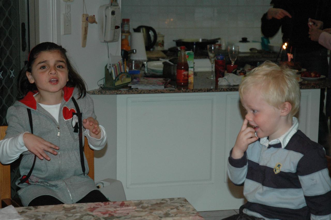 Jake Croft's 7th birthday: Tayla and Flynn awaiting the cake - Cooper imitating Flynn