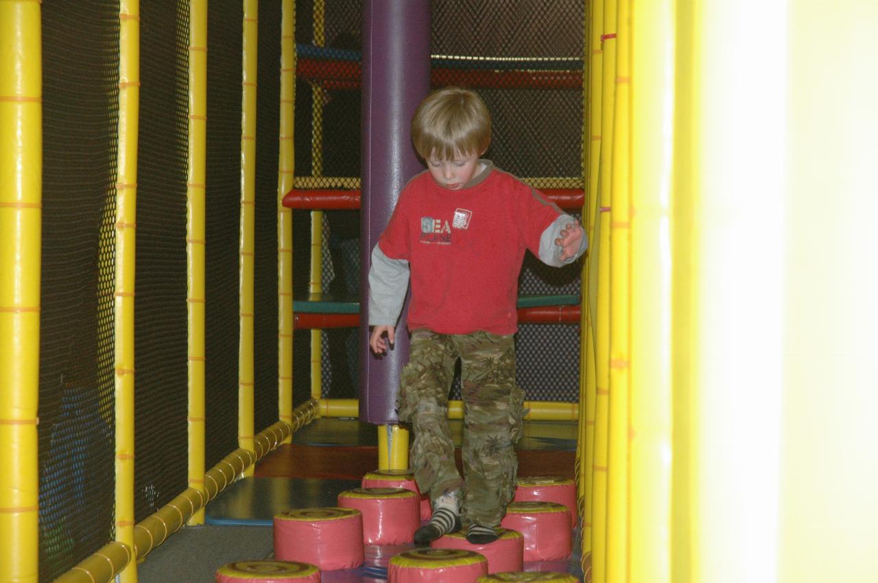 Jake's 7th birthday party at Club Kids, Earlwood: Flynn treading carefully