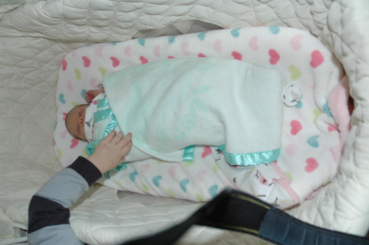 Lily in her crib, with Cooper patting her