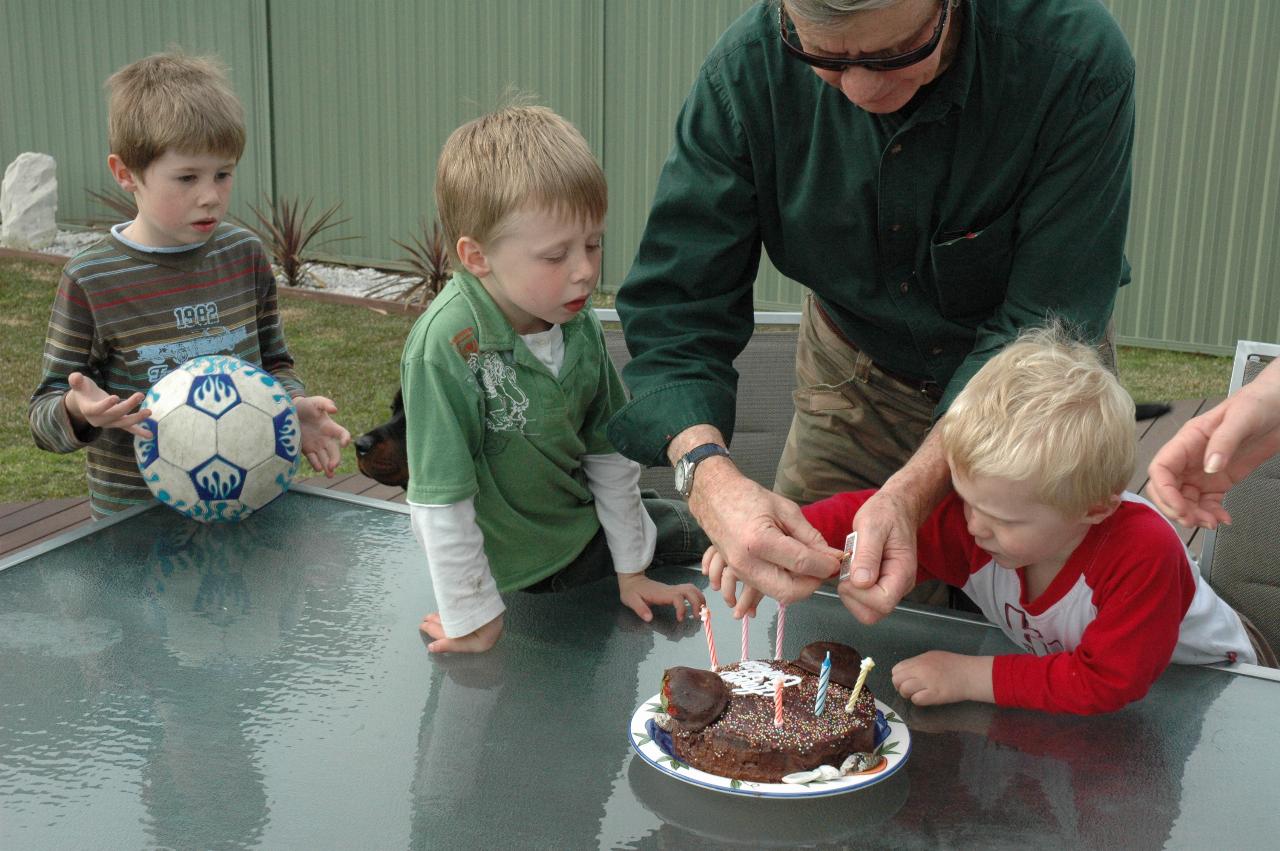 Boys work: Jake, Flynn, Peter and Cooper for the cake lighting of Kelly's 39th birthday at Kurnell