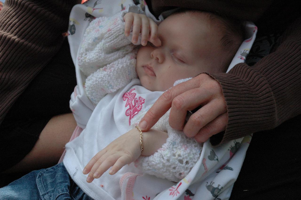 Fathers Day at Burnum Burnum Reserve: Lily sound asleep against Michelle