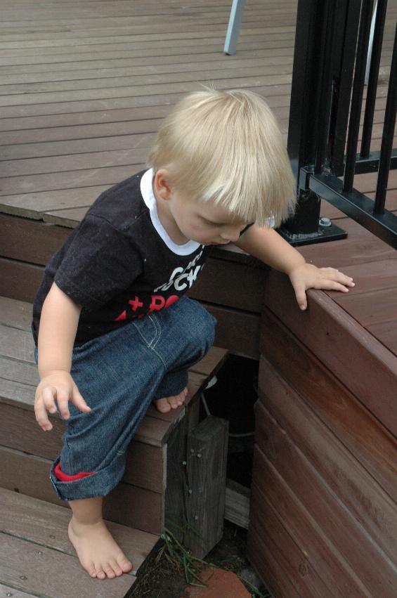 Cooper's 3rd birthday: Another little one negotiating the stairs