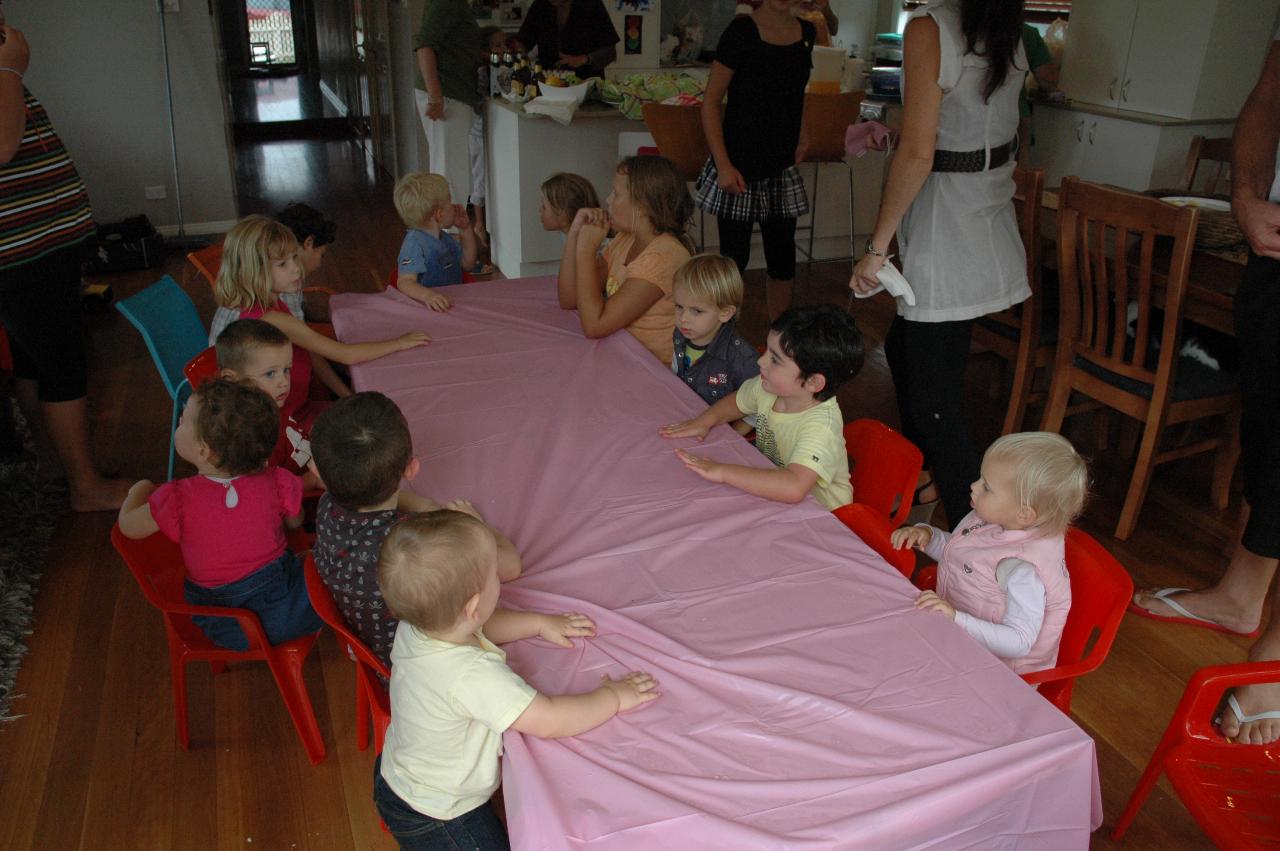 Cooper's 3rd birthday: Waiting for the cake to be cut up and eaten