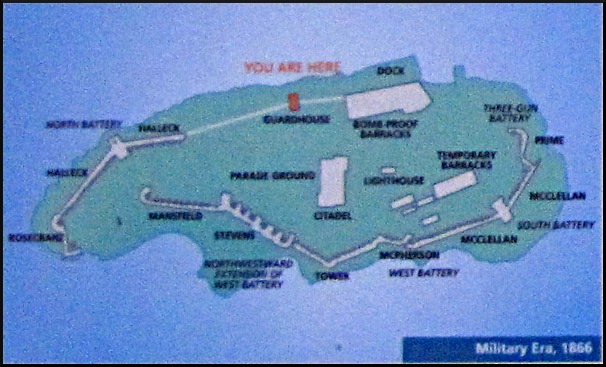 Map of Alcatraz with artillery battery placements shown.