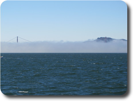 Top of bridge towers showing above fog