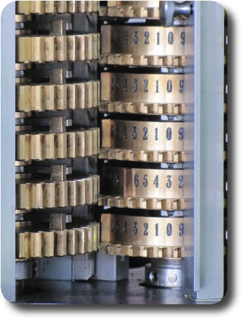 Columns of gear wheels, one with numbers around the circumference