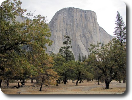 Gray granite peak behind grassy area with brown grass and trees