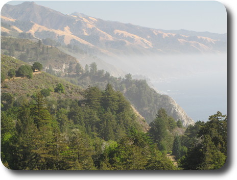 Looking down on rocky coastline partially obscured by ocean fog