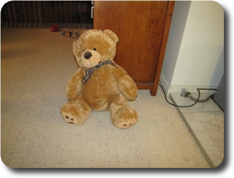 Plush bear on floor leaning against cabinet