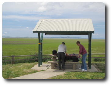 Man and woman setting up picnic under shelter