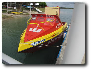 Sharp pointed bow of jet surf boat moored at wharf