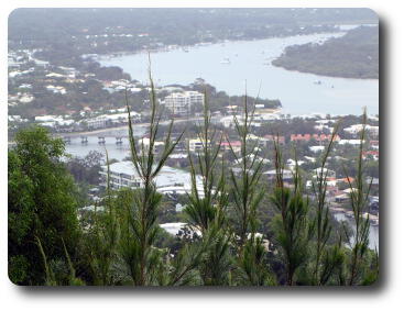 Looking down to apartment buildings and waterways