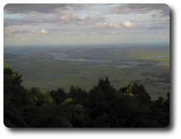 View from mountain, river and plains out to the sea