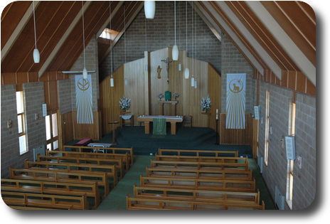 View from choir loft towards sanctuary at front of church