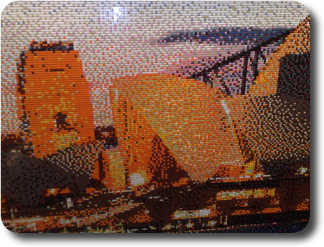 Close up of Lego mosaic, showing use of different coloured, regular blocks