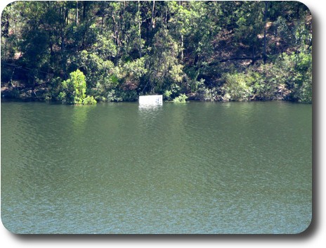 White sign in the water on other side of lake; trees on hill behind