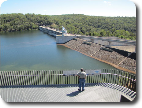 Looking over viewing platform to rear view of dam wall