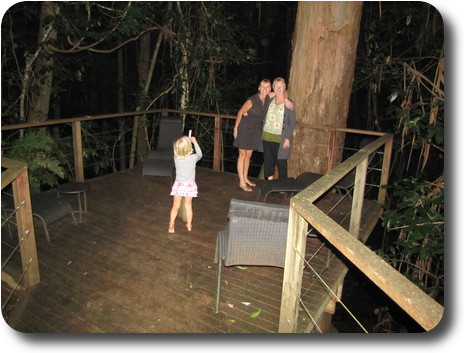 Two women and little girl on wooden platform among some tall trees